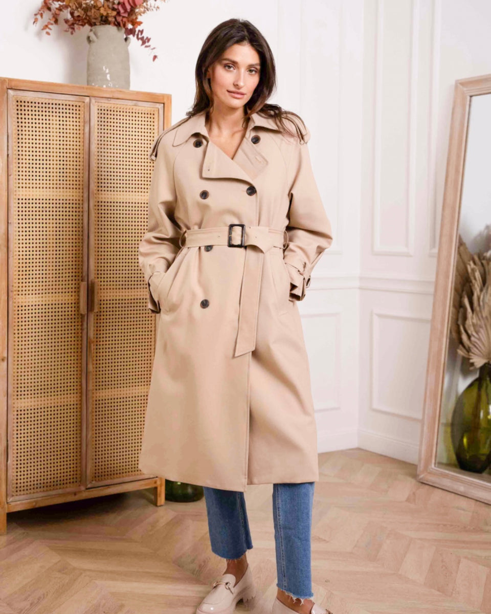 Trench long uni oversized avec ceinture et poches