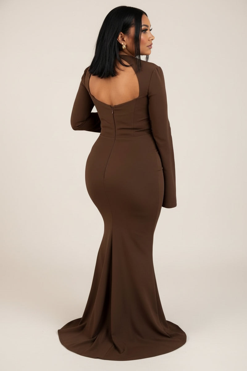 Robe prestige longue, manche maxi chic, couleur marron