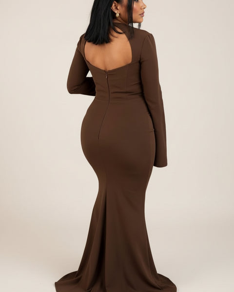 Robe prestige longue, manche maxi chic, couleur marron