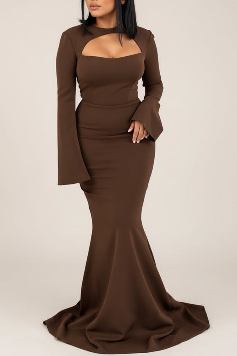 Robe prestige longue, manche maxi chic, couleur marron