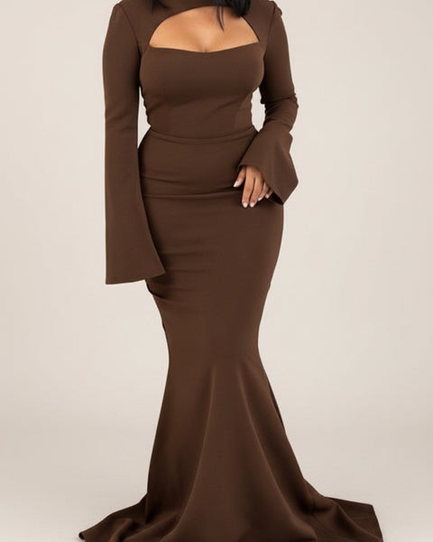 Robe prestige longue, manche maxi chic, couleur marron