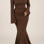 Robe prestige longue, manche maxi chic, couleur marron